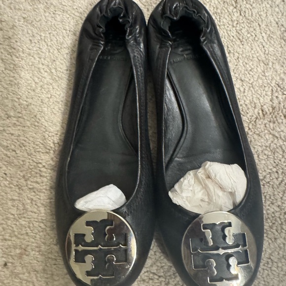 Tory Burch Black Flats with Silver Logo - Picture 1 of 9